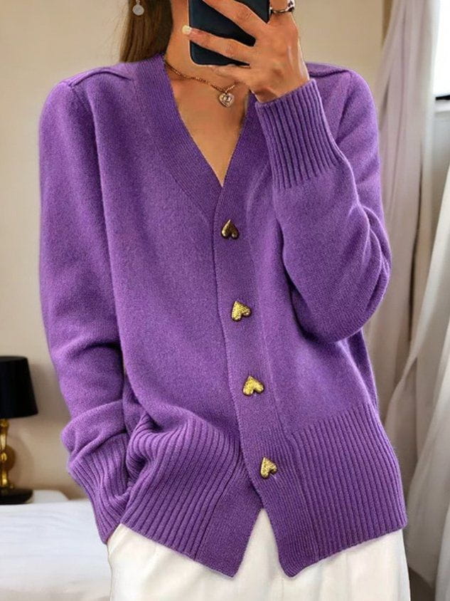 Gold Heart Button Cardigan - Purple