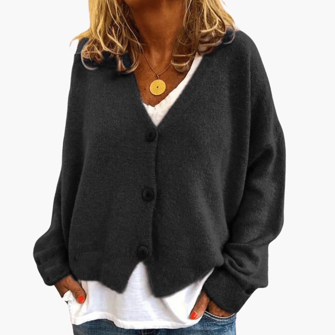 V-Neck Button Cardigan - Black