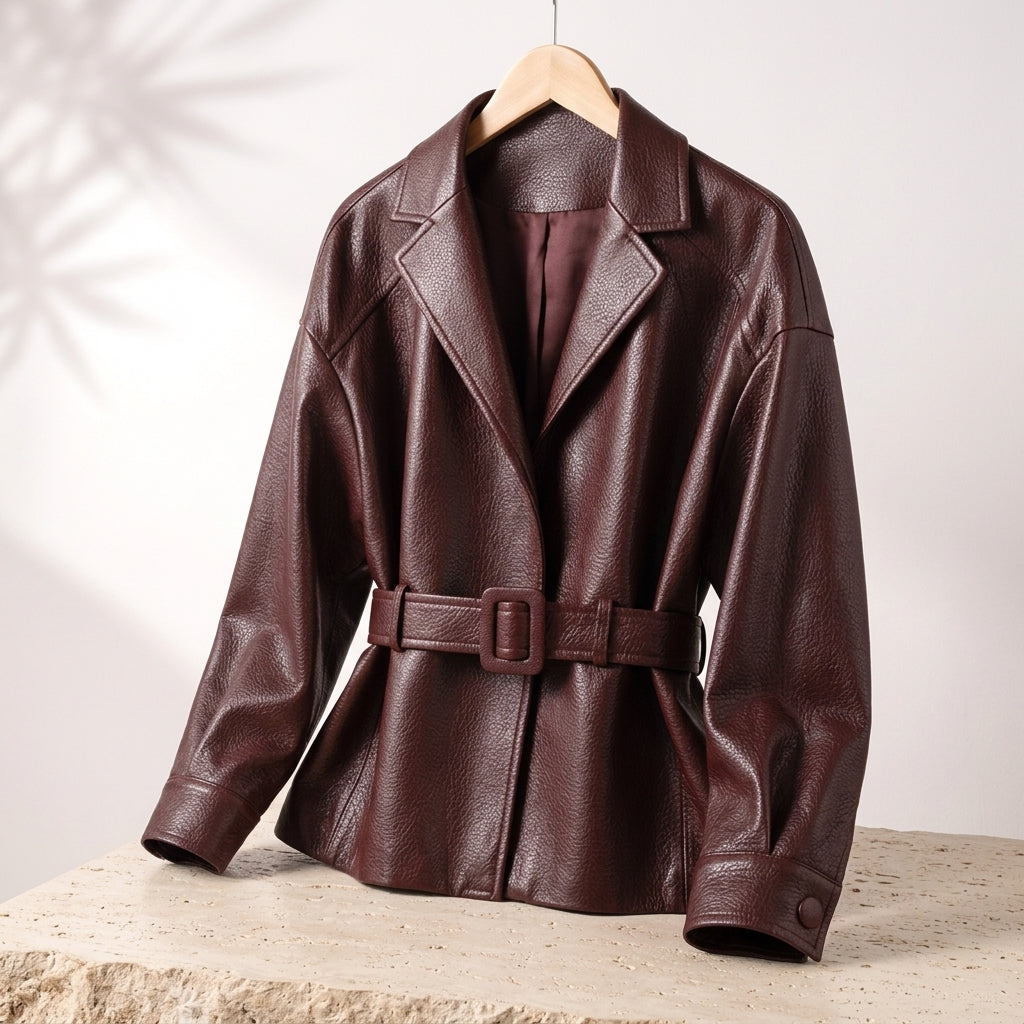 Structured Belted Jacket with Wide Collar and Cuffed Sleeves