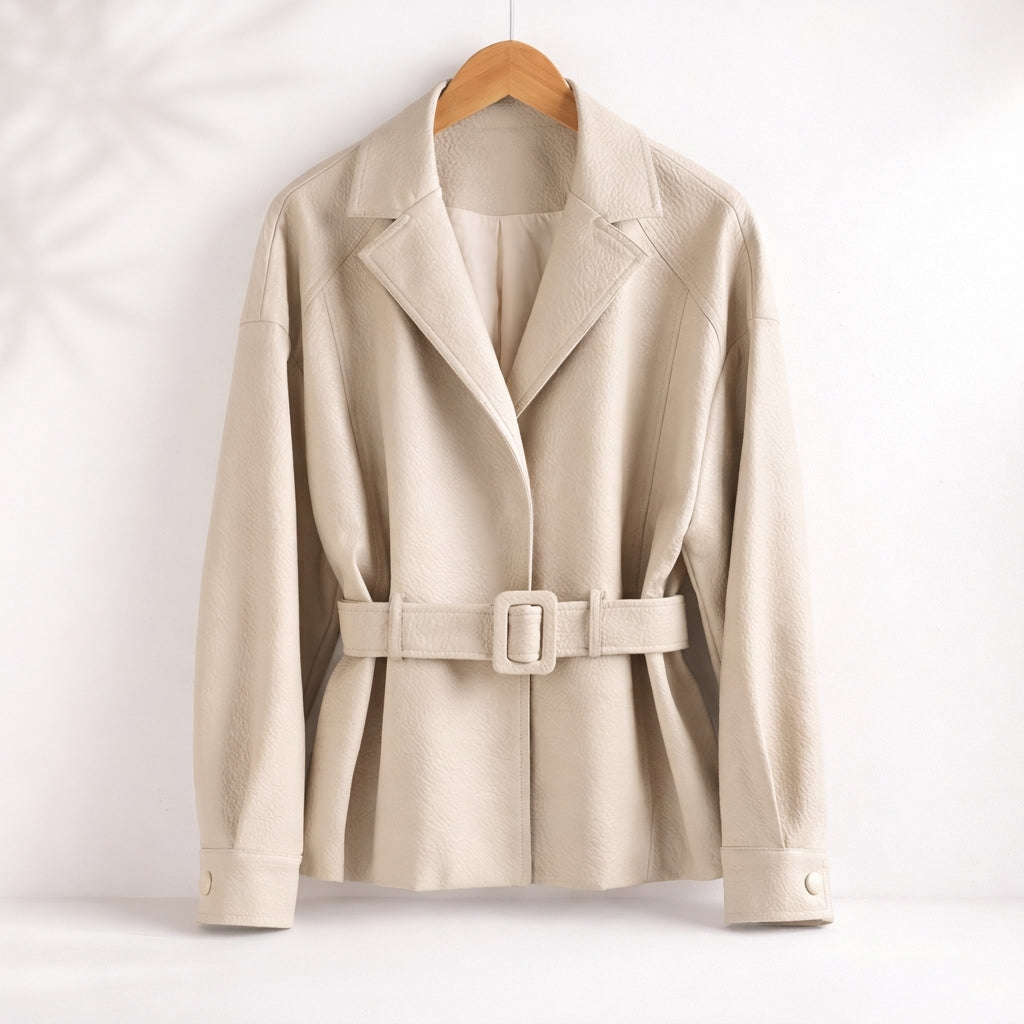 Structured Belted Jacket with Wide Collar and Cuffed Sleeves
