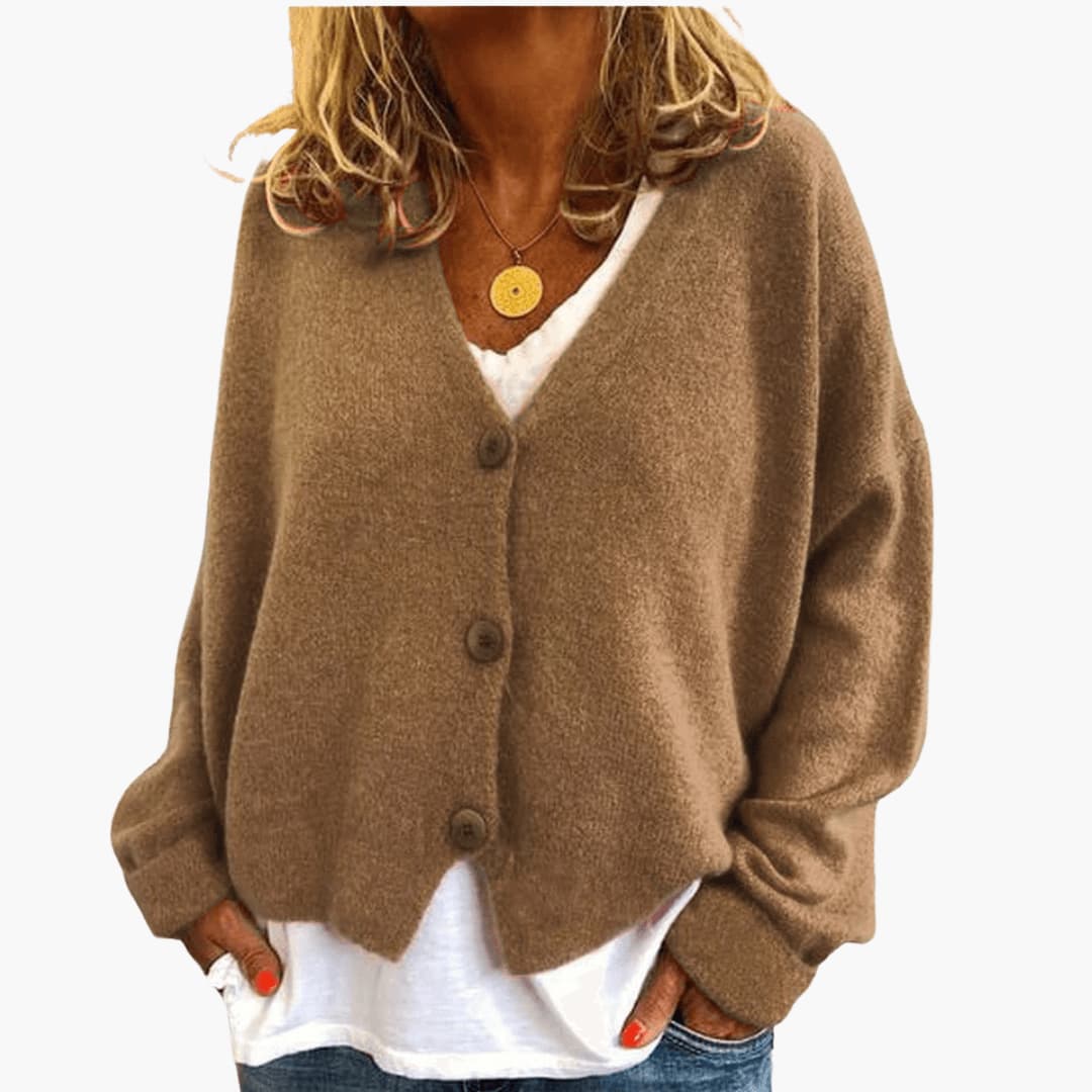 V-Neck Button Cardigan - Khaki