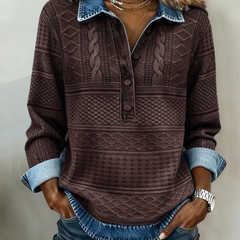 Cable Knit Sweater with Denim Collar - Coffee