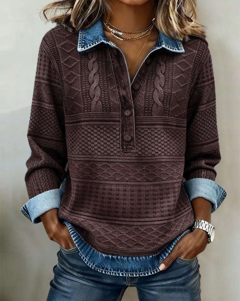Cable Knit Sweater with Denim Collar - Coffee