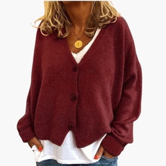 V-Neck Button Cardigan - Dark Red
