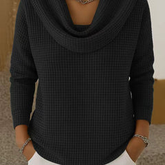 Waffle Knit Cowl Neck Sweater - Black