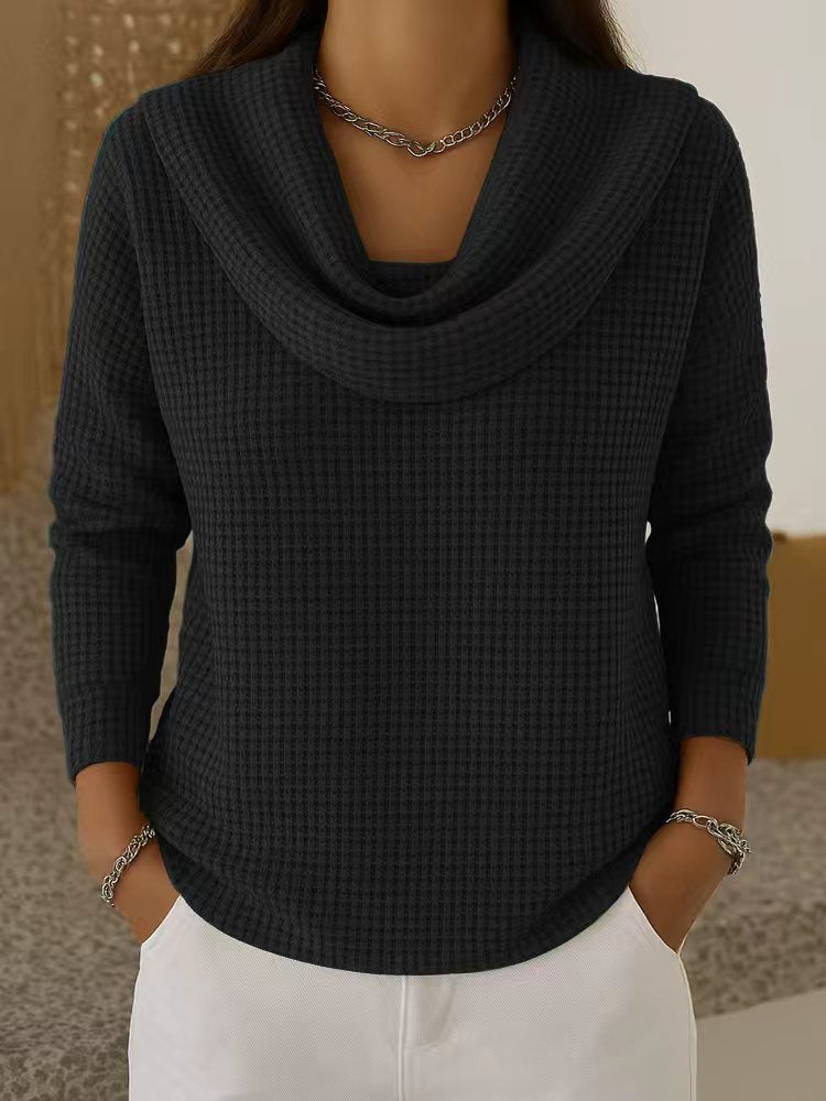 Waffle Knit Cowl Neck Sweater - Black