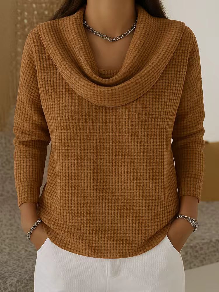 Waffle Knit Cowl Neck Sweater - Brown