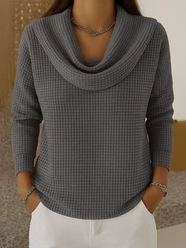 Waffle Knit Cowl Neck Sweater - Grey