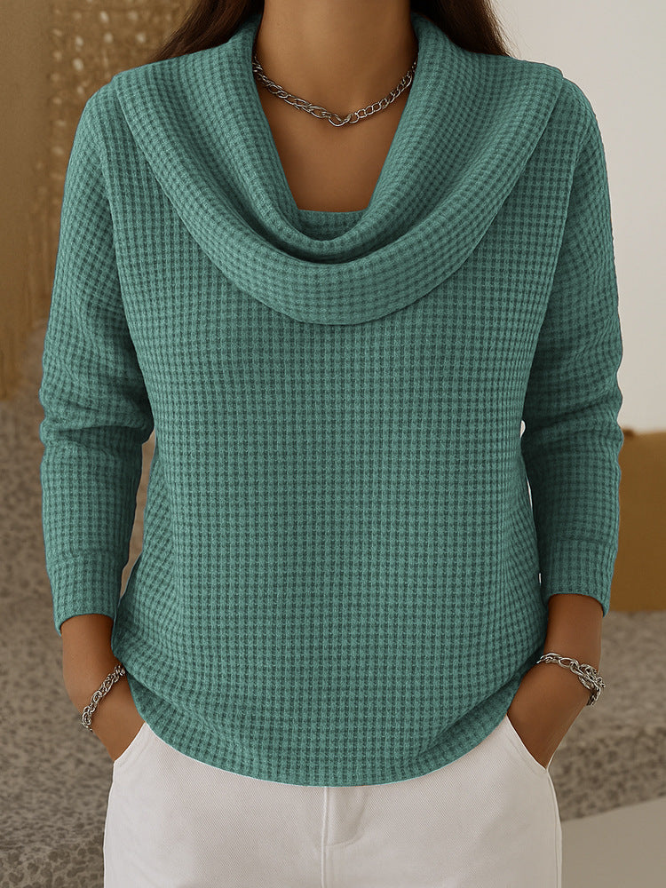 Waffle Knit Cowl Neck Sweater - Green