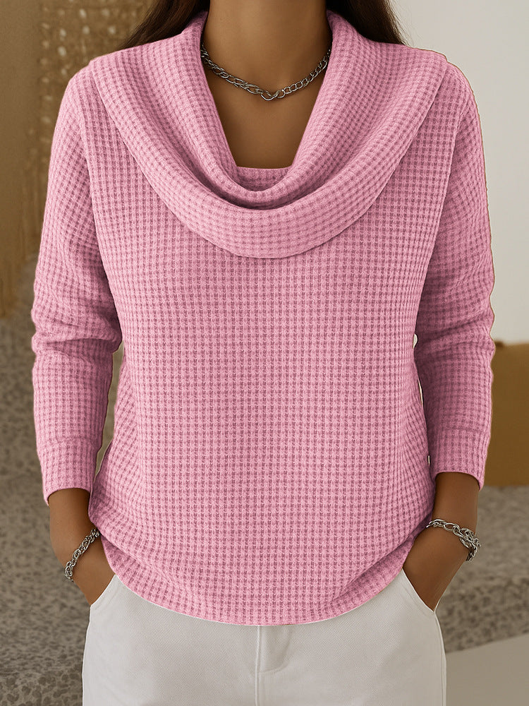 Waffle Knit Cowl Neck Sweater - Pink