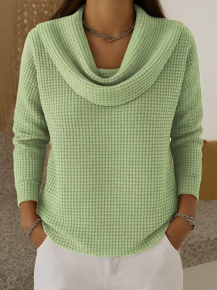 Waffle Knit Cowl Neck Sweater - Light Green