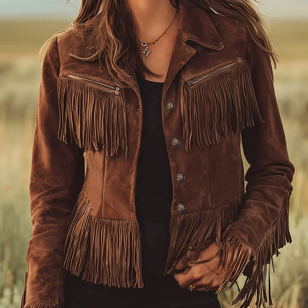Western Fringe Jacket with Zip Chest Pockets