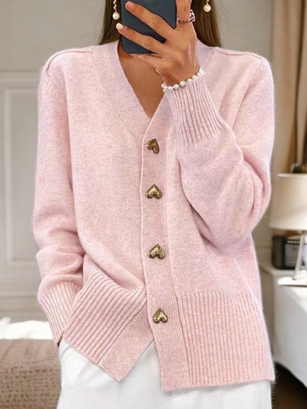Gold Heart Button Cardigan - Pink