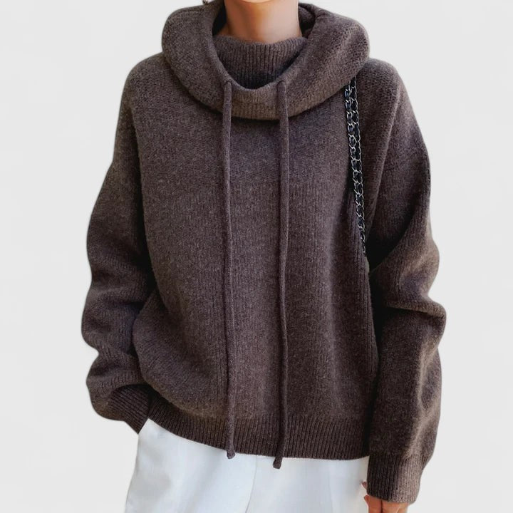 Oversized Hooded Knit Sweater - Brown