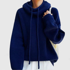 Oversized Hooded Knit Sweater - Dark Blue