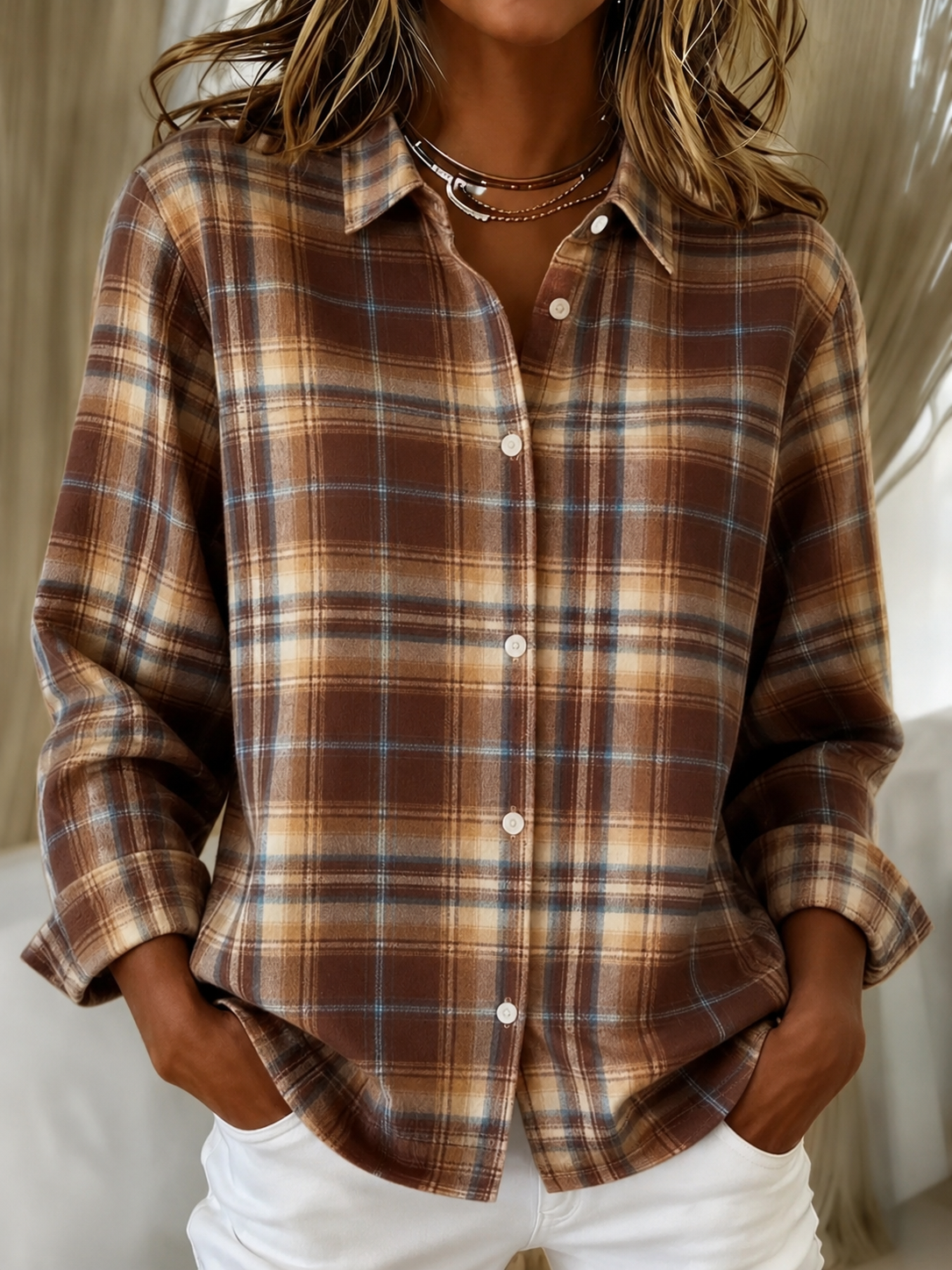 Check Shirt Collar Cardigan