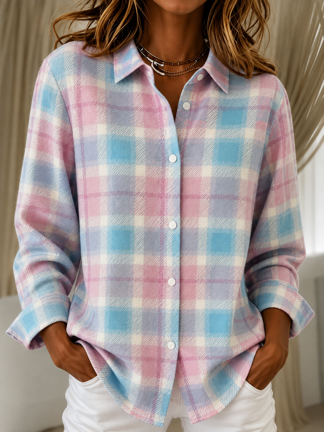 Check Shirt Collar Cardigan