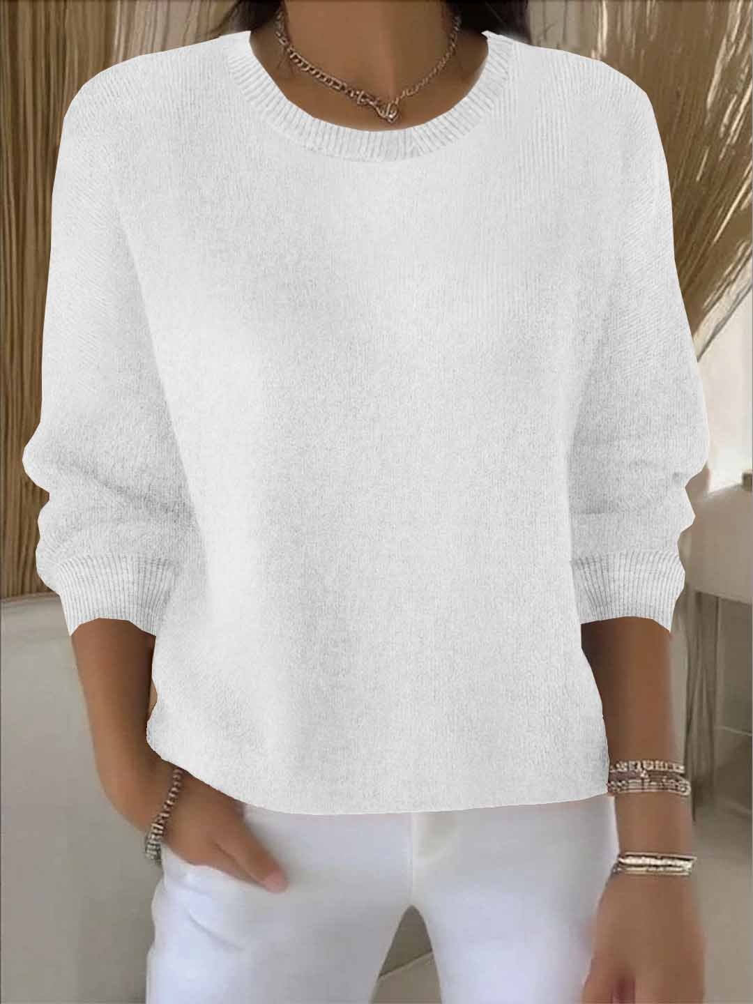 Wide Sleeve Round Neck Sweater - White