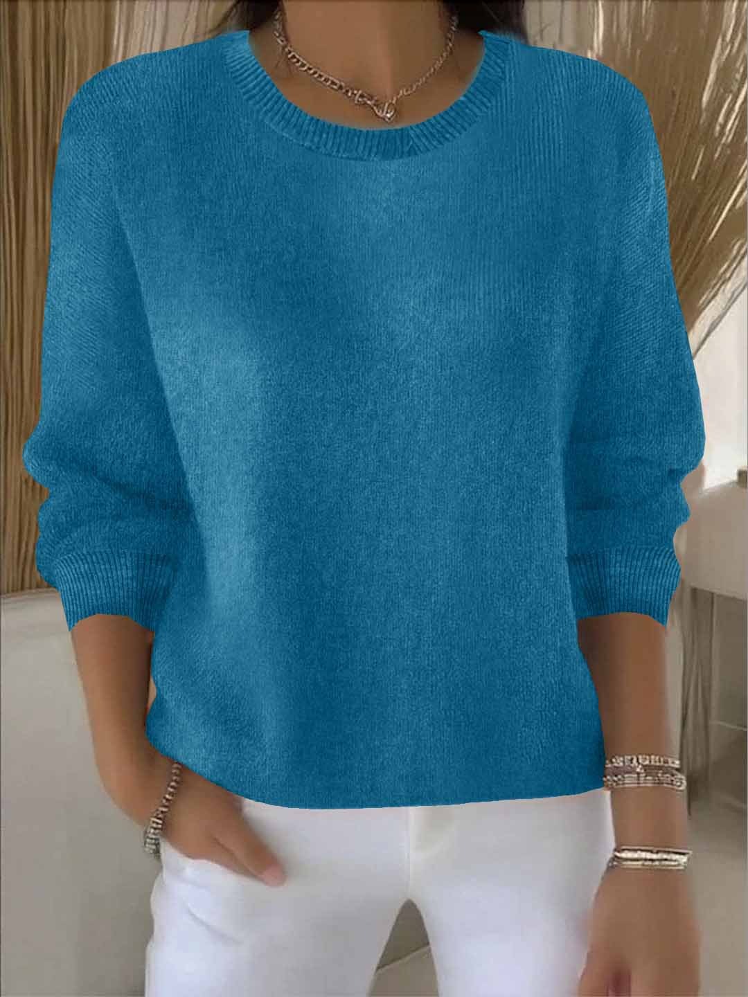 Wide Sleeve Round Neck Sweater - Blue