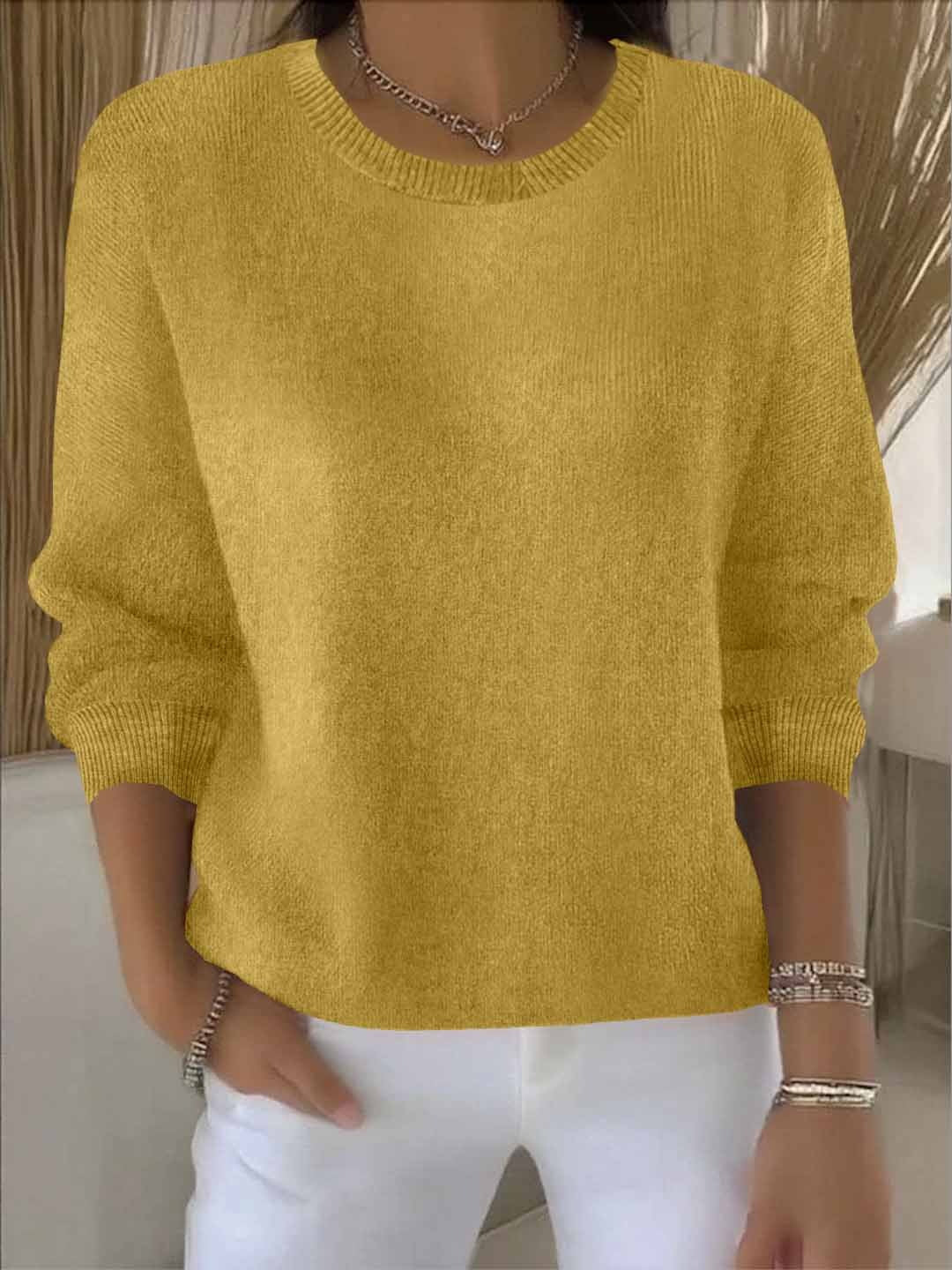 Wide Sleeve Round Neck Sweater - Yellow