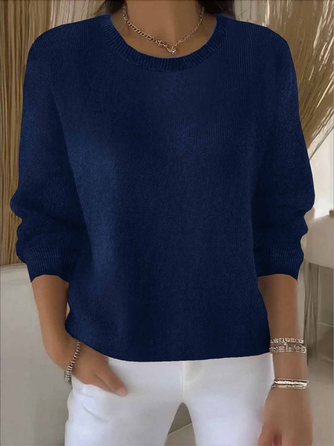 Wide Sleeve Round Neck Sweater - Navy Blue