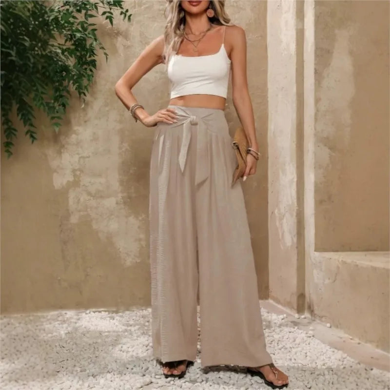 High Waist Wide Leg Pants with Tie Waist