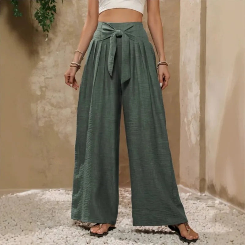 High Waist Wide Leg Pants with Tie Waist