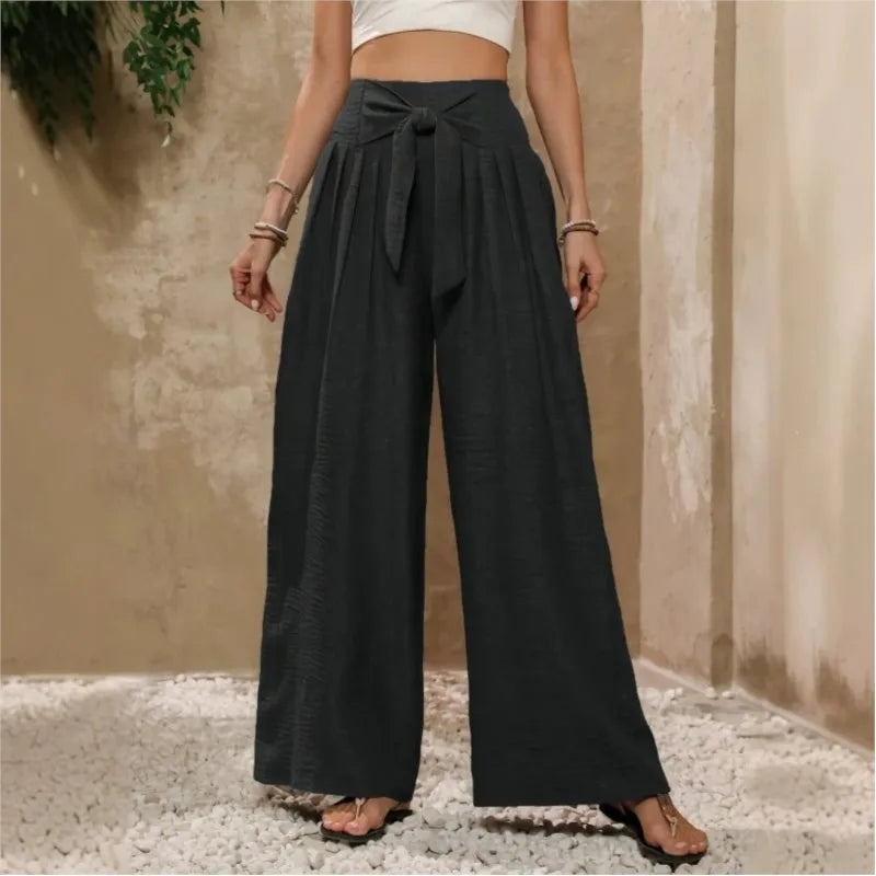 High Waist Wide Leg Pants with Tie Waist
