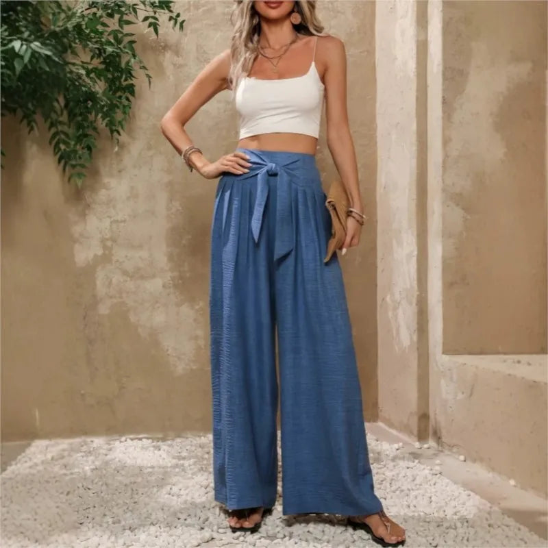 High Waist Wide Leg Pants with Tie Waist