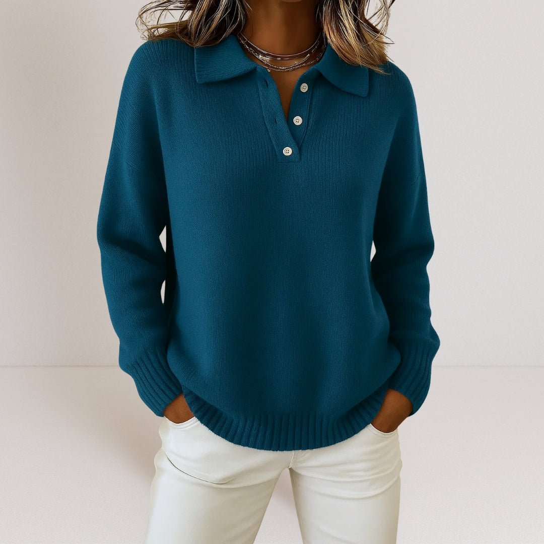 Polo Collar Button Knit Sweater - Dark Blue