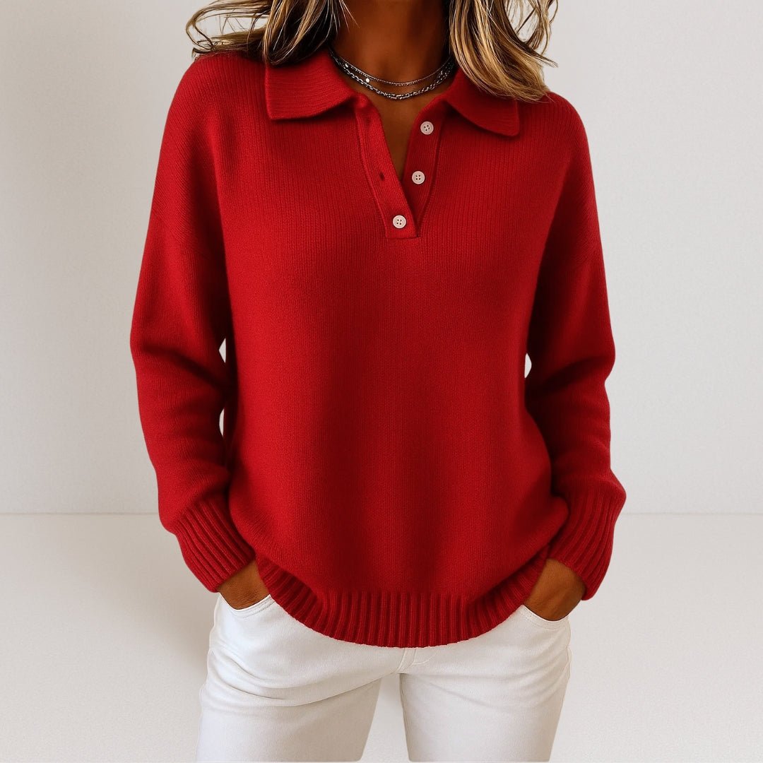 Polo Collar Button Knit Sweater - Red