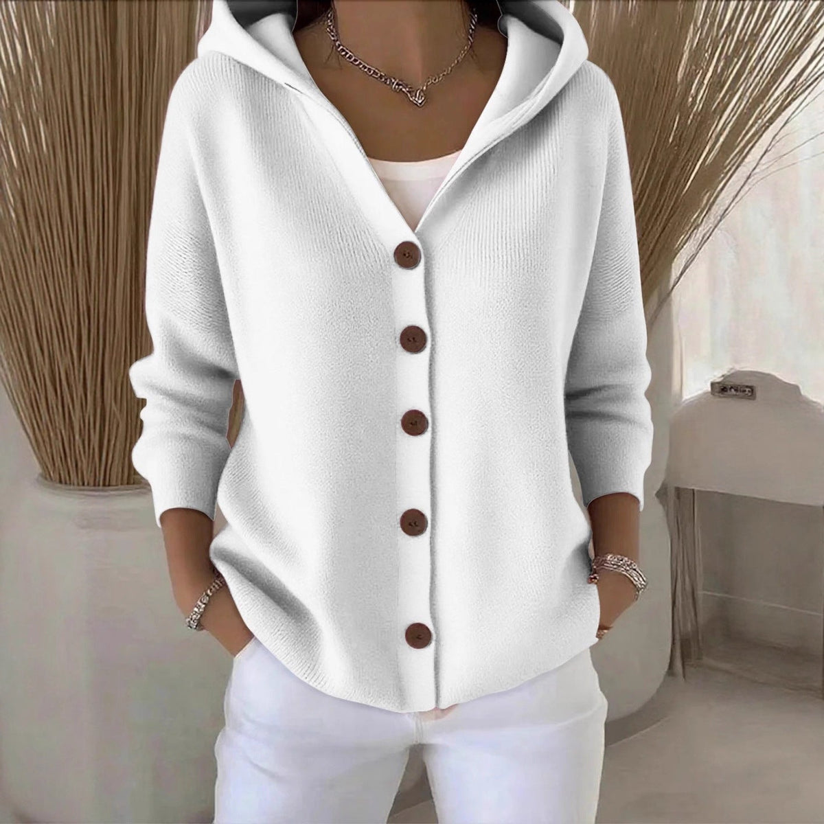 Hooded Knit Cardigan - White