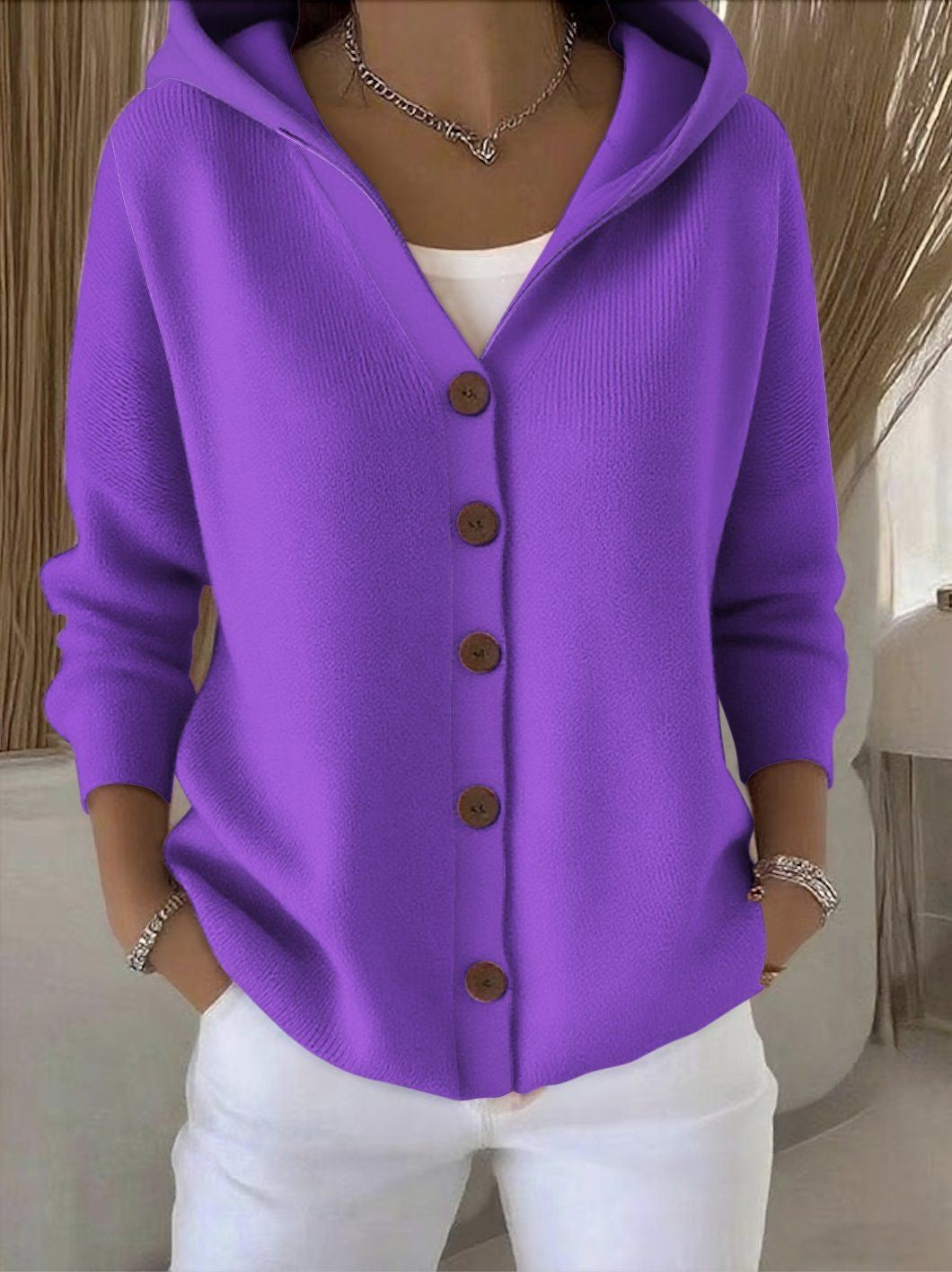 Hooded Knit Cardigan - Purple