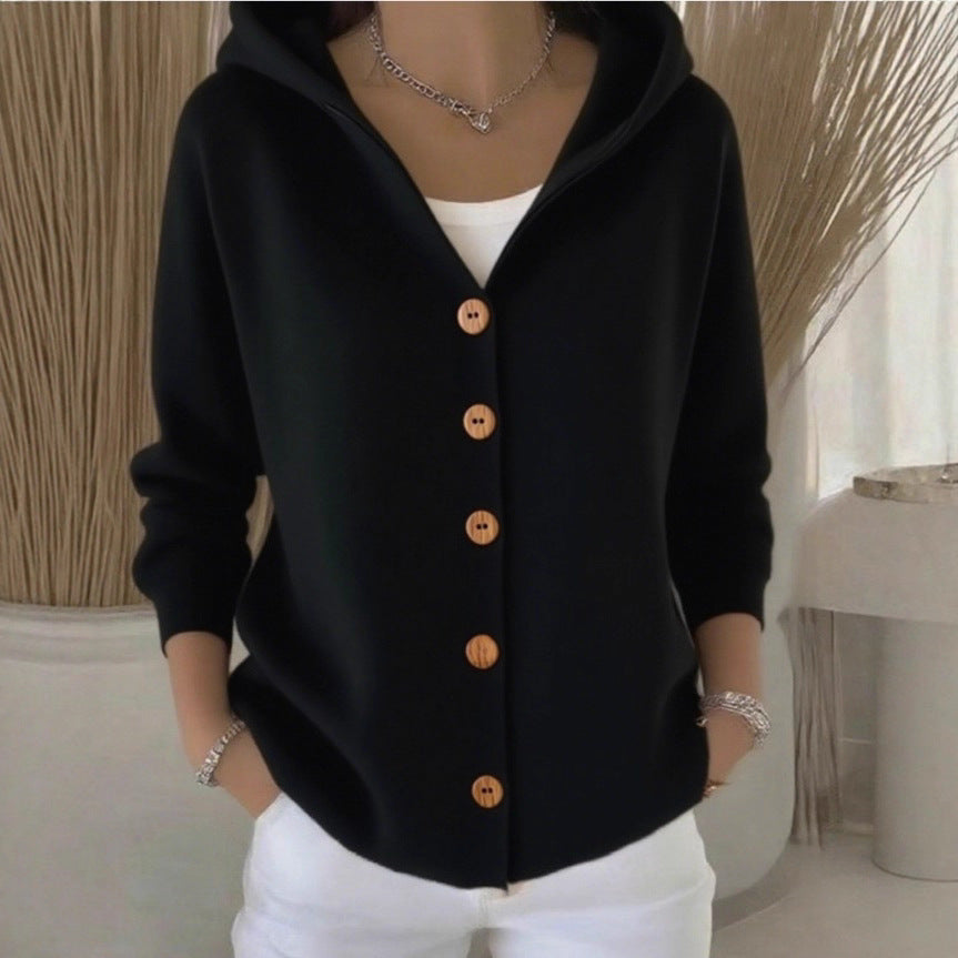 Hooded Knit Cardigan - Black