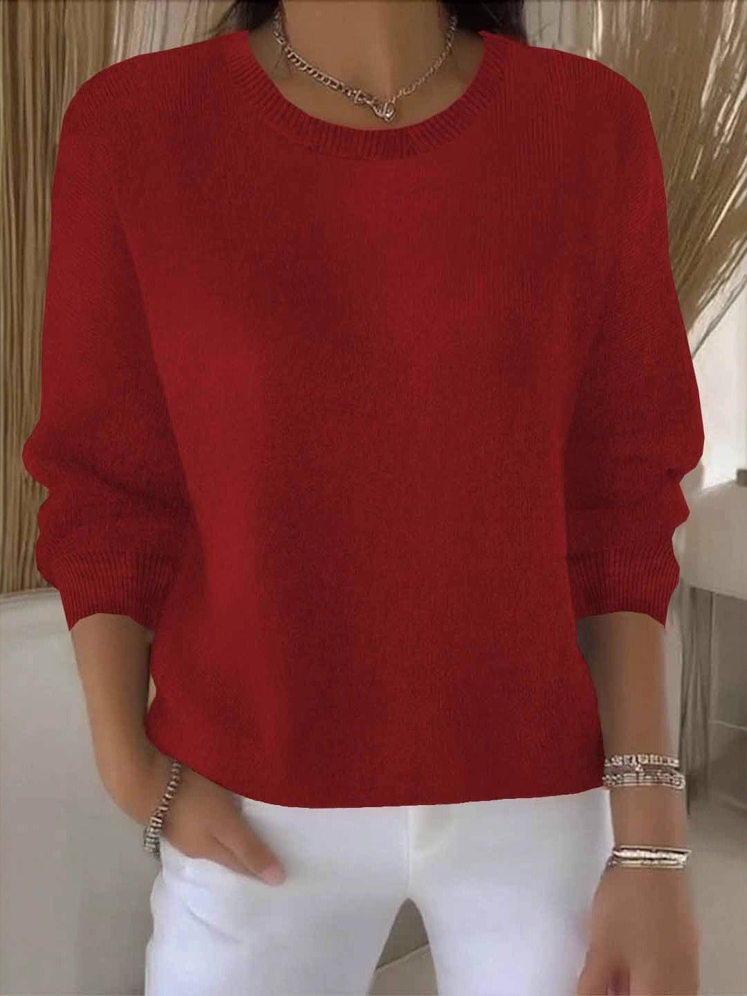 Wide Sleeve Round Neck Sweater - Red
