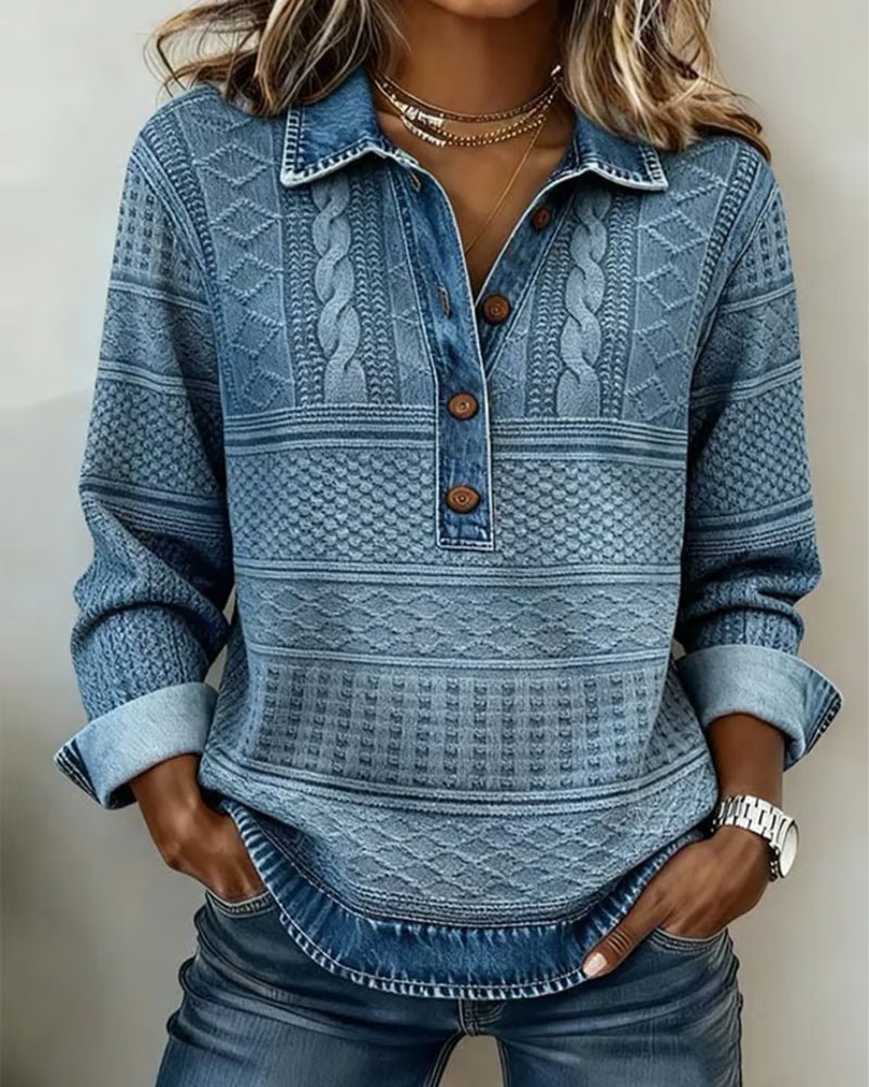 Cable Knit Sweater with Denim Collar