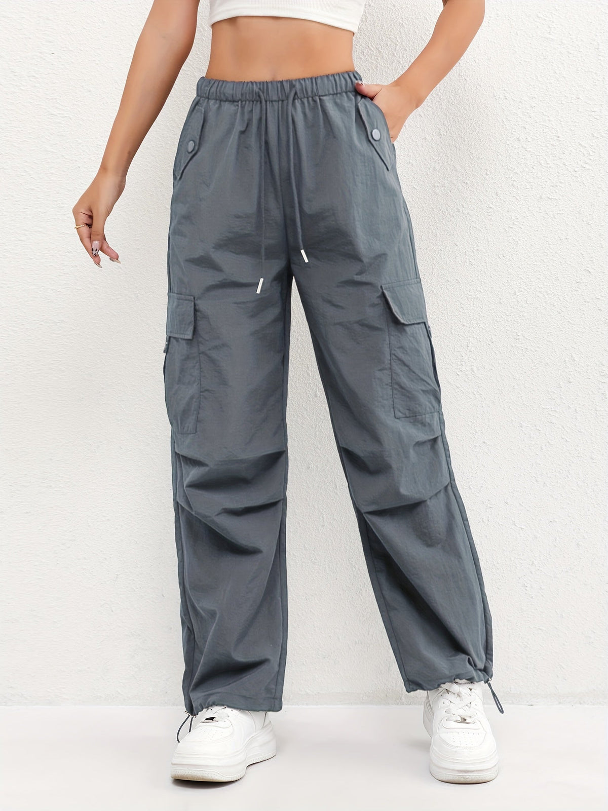 Relaxed Cargo Pants with Elastic Waist and Drawstring Hem
