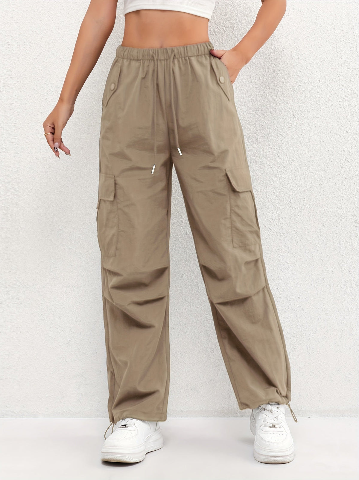 Relaxed Cargo Pants with Elastic Waist and Drawstring Hem
