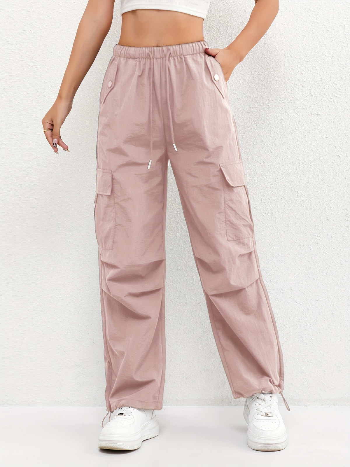 Relaxed Cargo Pants with Elastic Waist and Drawstring Hem