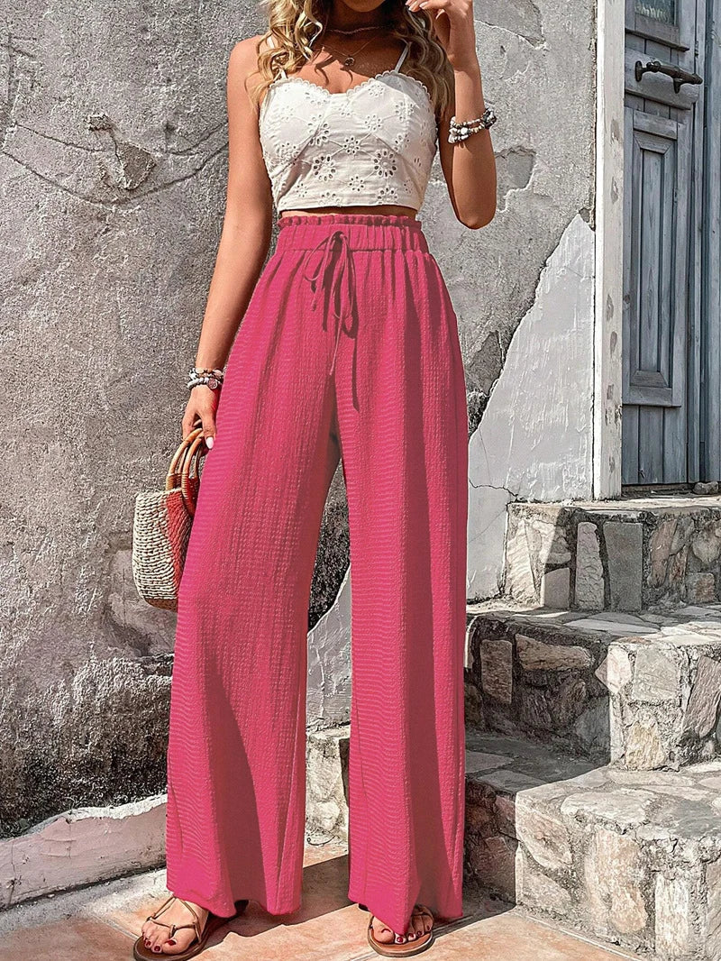 Relaxed High Waist Wide Leg Pants with Drawstring Waist