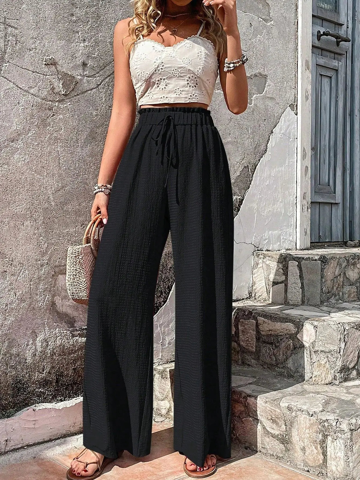 Relaxed High Waist Wide Leg Pants with Drawstring Waist