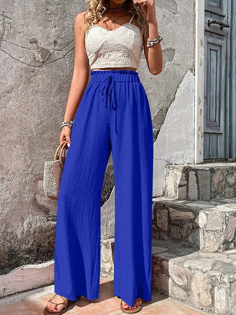 Relaxed High Waist Wide Leg Pants with Drawstring Waist