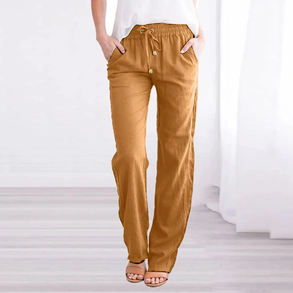 Relaxed Pants with Elastic Drawstring Waist and Side Pockets