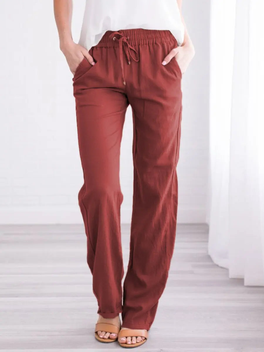 Relaxed Pants with Elastic Drawstring Waist and Side Pockets