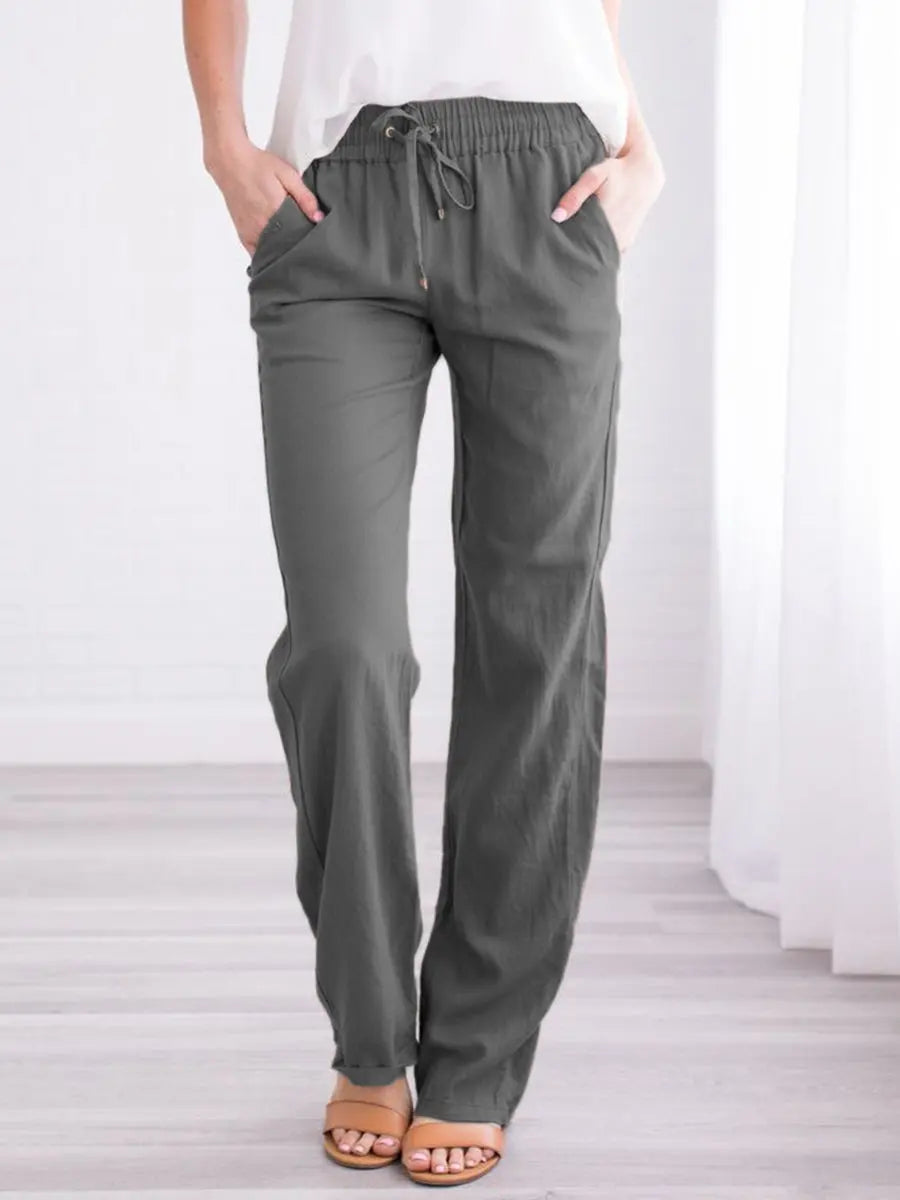 Relaxed Pants with Elastic Drawstring Waist and Side Pockets