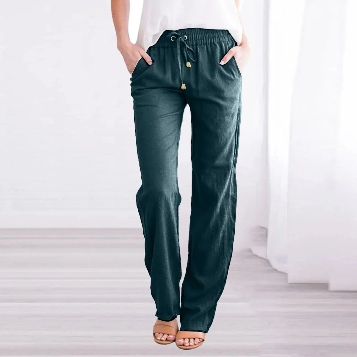 Relaxed Pants with Elastic Drawstring Waist and Side Pockets
