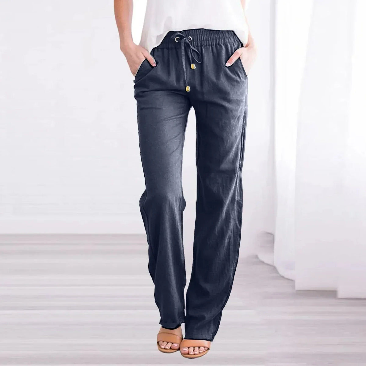 Relaxed Pants with Elastic Drawstring Waist and Side Pockets