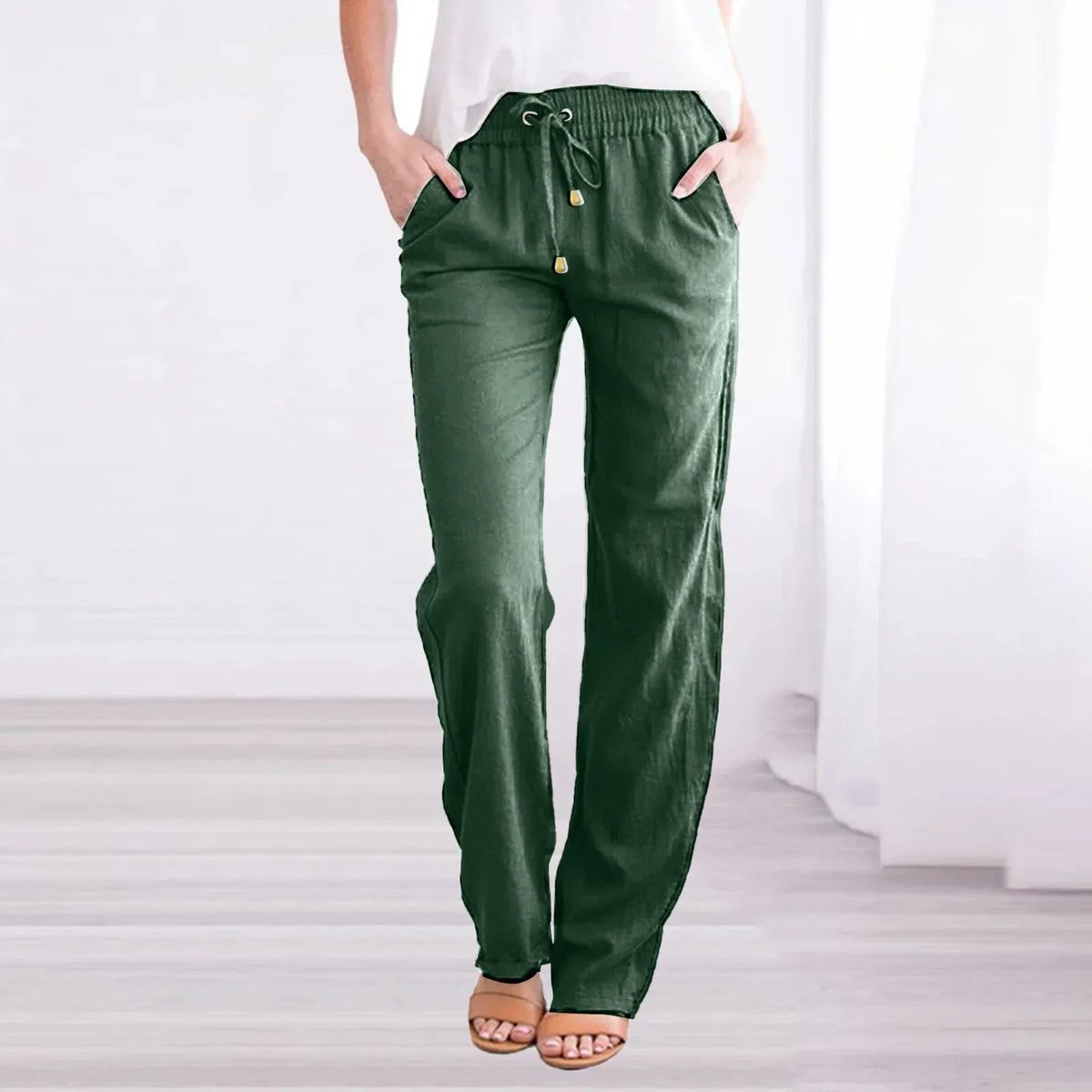 Relaxed Pants with Elastic Drawstring Waist and Side Pockets