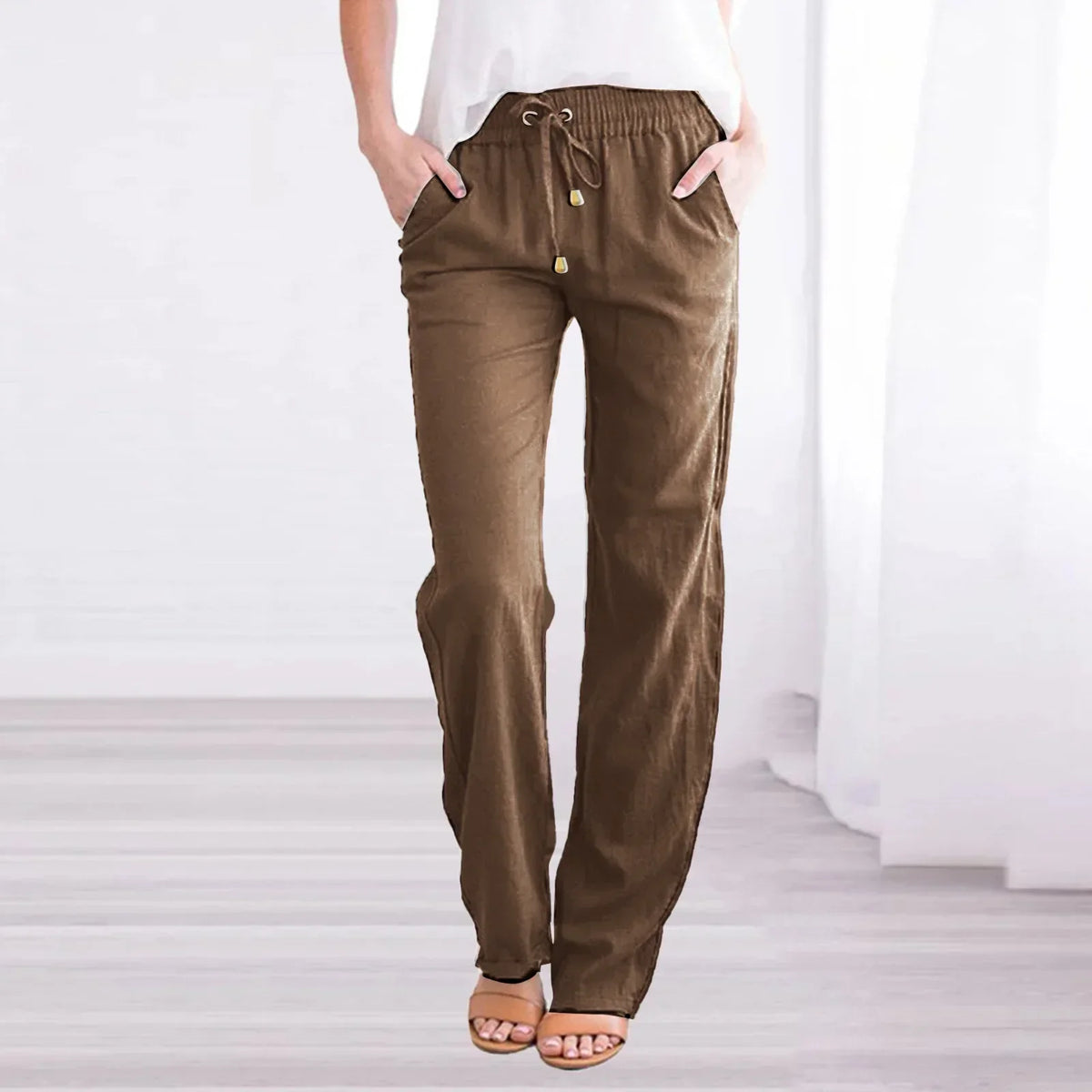 Relaxed Pants with Elastic Drawstring Waist and Side Pockets