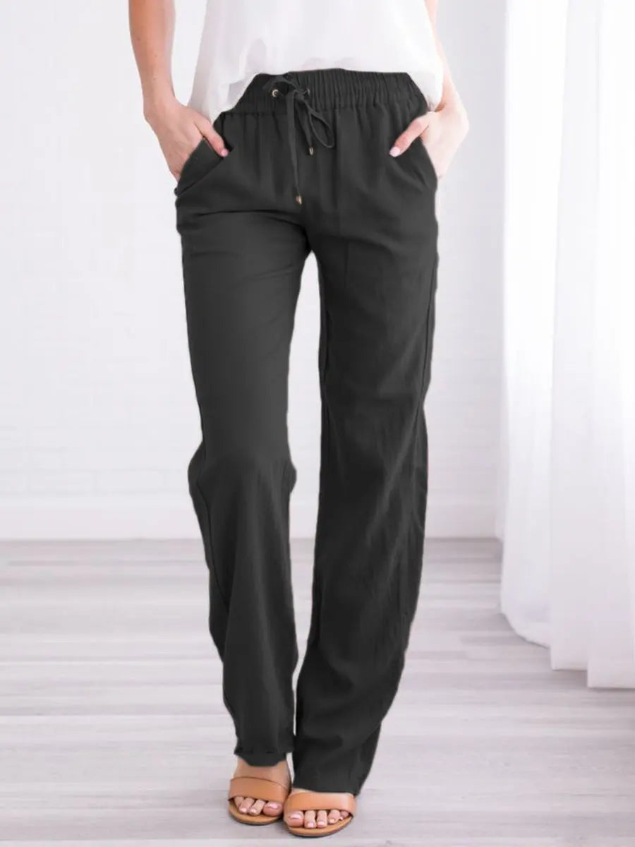 Relaxed Pants with Elastic Drawstring Waist and Side Pockets